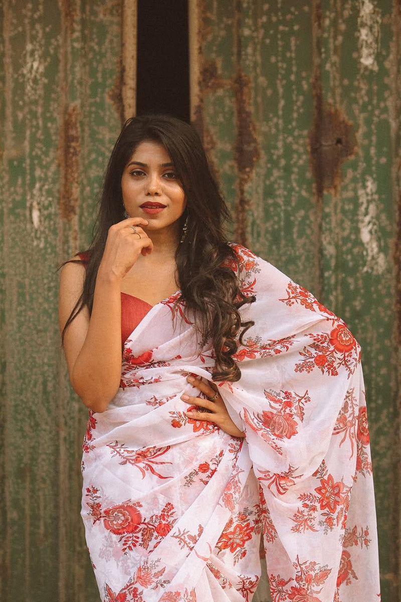 Designer 1 Minute Ready To Wear White Georgette Floral Digital Printed Saree