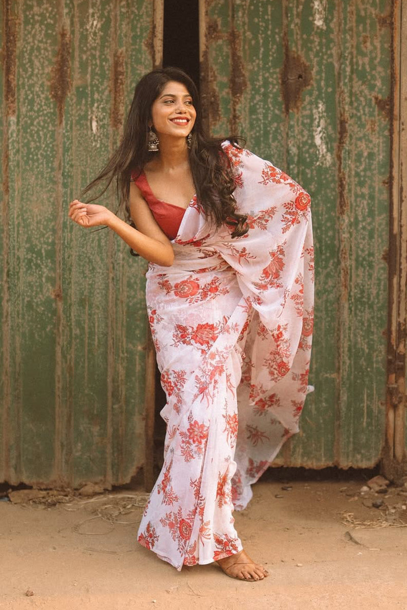 Designer 1 Minute Ready To Wear White Georgette Floral Digital Printed Saree