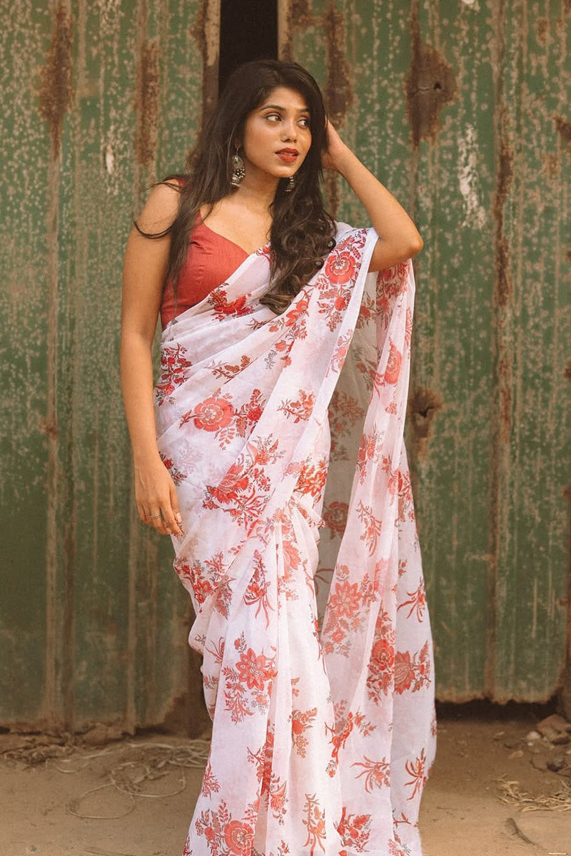 Designer 1 Minute Ready To Wear White Georgette Floral Digital Printed Saree