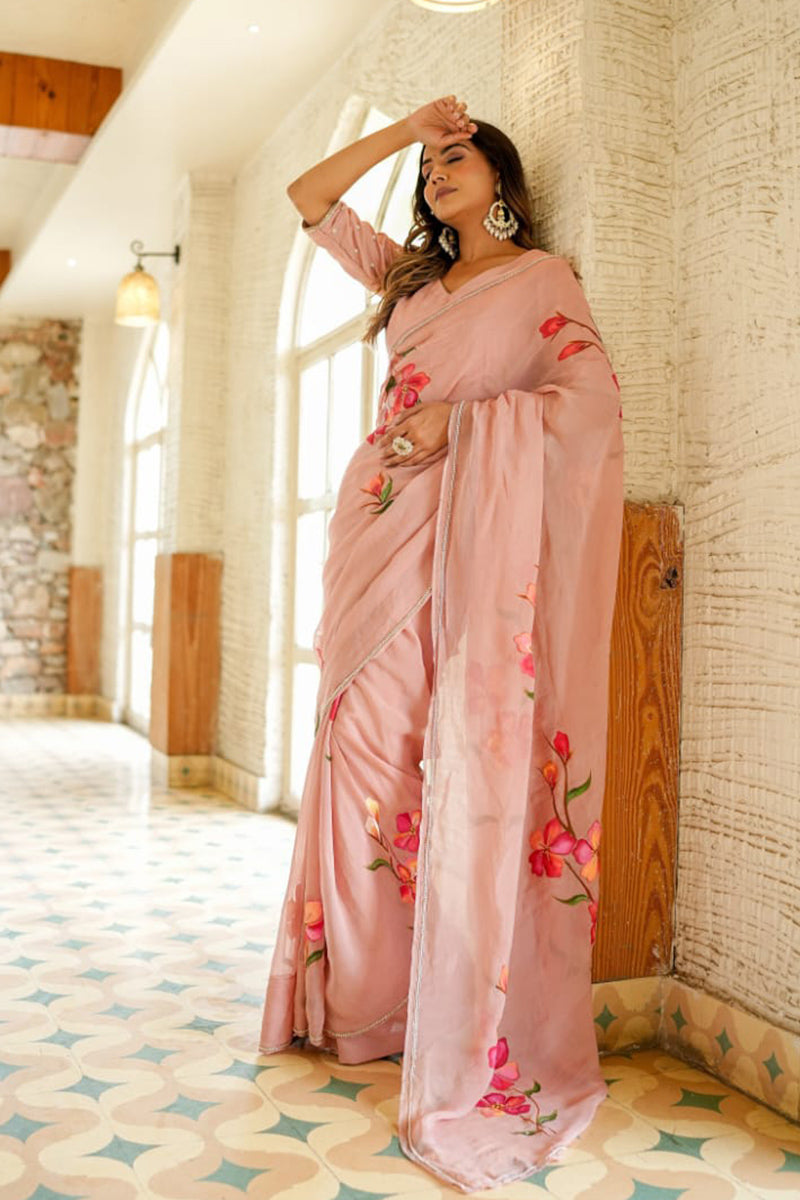 Exceptional 1 Minute Ready To Wear Peach Georgette Saree