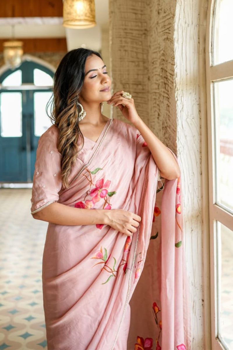 Exceptional 1 Minute Ready To Wear Peach Georgette Saree