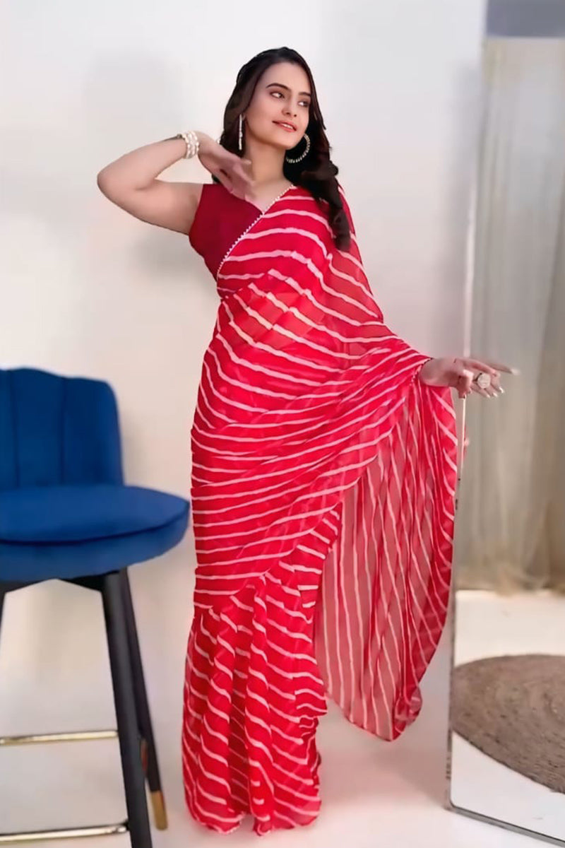 Assemblage 1 Minute Ready To Wear Red Georgette Digital Printed Saree
