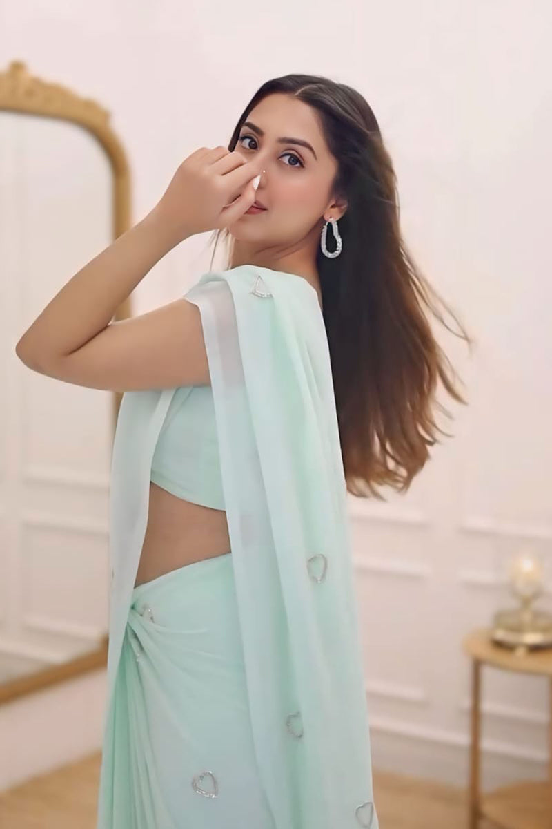 Super extravagant 1 Minute Ready To Wear Sky Blue Georgette Saree