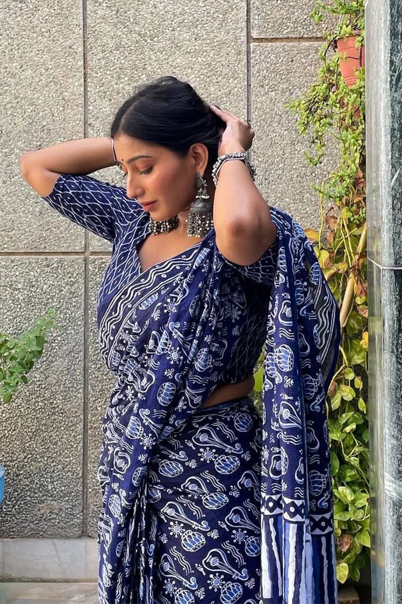 Devastating 1 Minute Ready To Wear Blue Cotton Digital Printed Saree