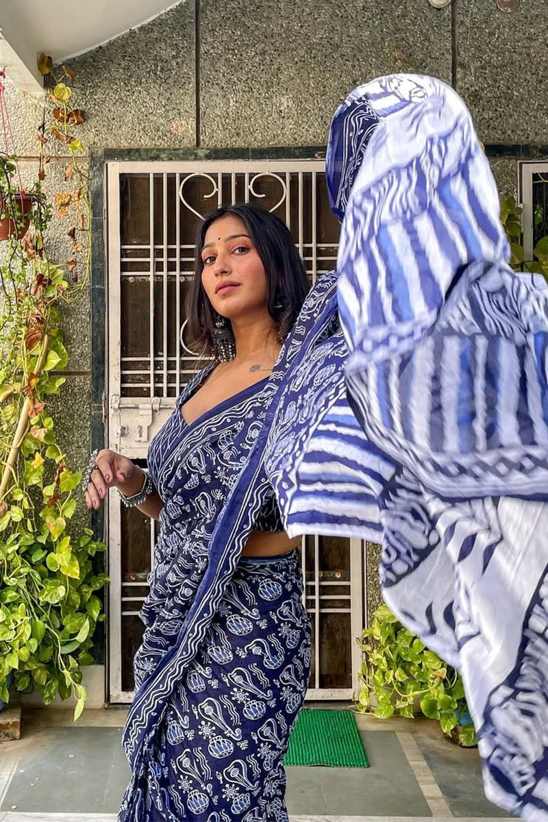 Devastating 1 Minute Ready To Wear Blue Cotton Digital Printed Saree