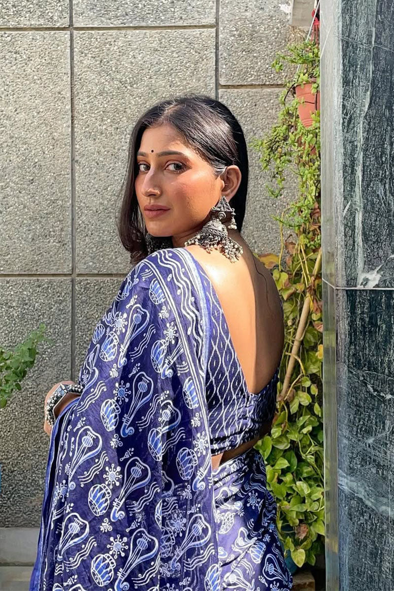 Devastating 1 Minute Ready To Wear Blue Cotton Digital Printed Saree