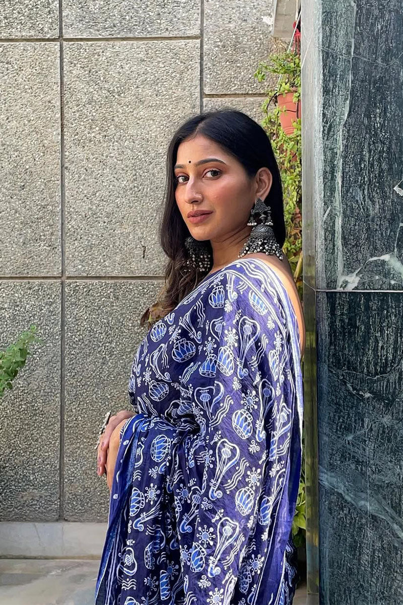 Devastating 1 Minute Ready To Wear Blue Cotton Digital Printed Saree