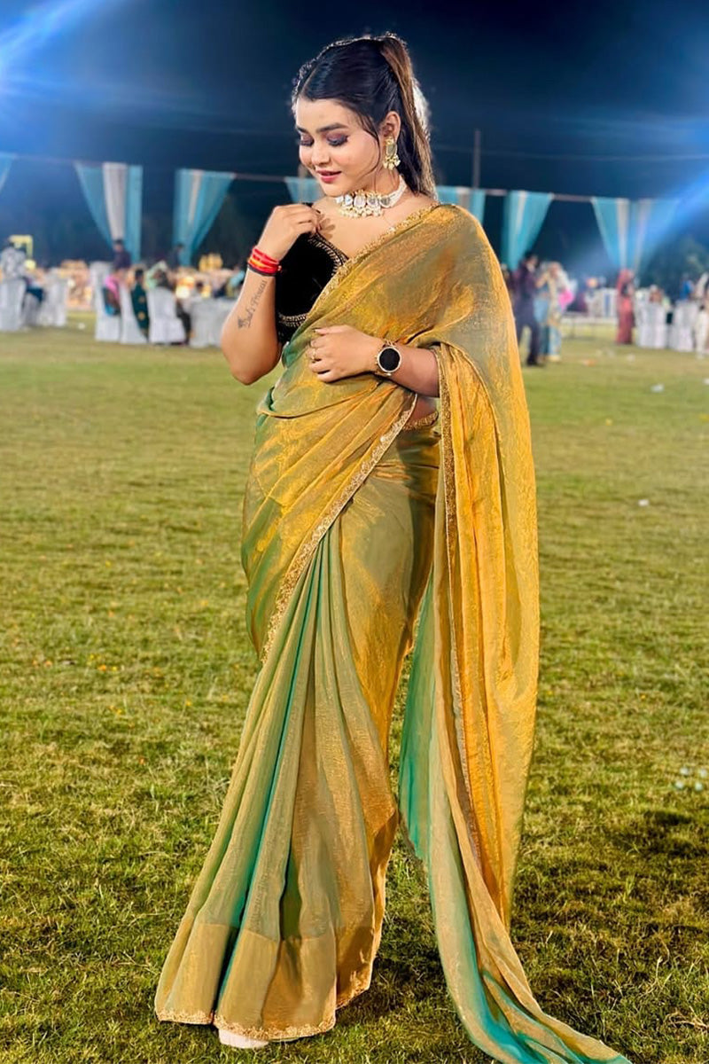 Entrancing Green Fancy Silk Saree With Stitched Blouse Piece