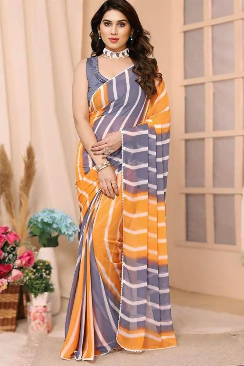 Splendorous 1 Minute Ready To Wear Yellow And Grey Georgette Digital Printed Saree