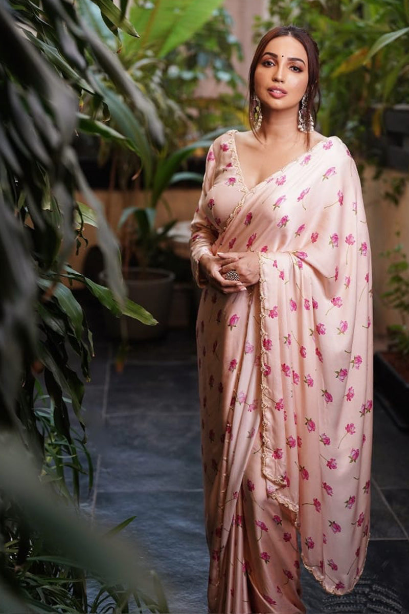 Stunning 1 Minute Ready To Wear Peach Satin Silk Saree