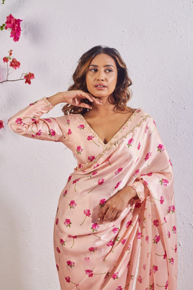 Stunning 1 Minute Ready To Wear Peach Satin Silk Saree