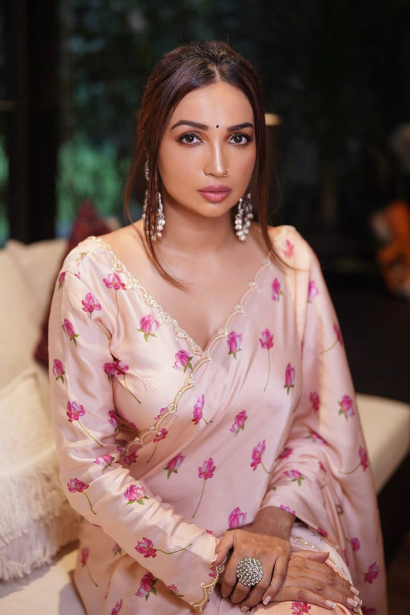 Stunning 1 Minute Ready To Wear Peach Satin Silk Saree