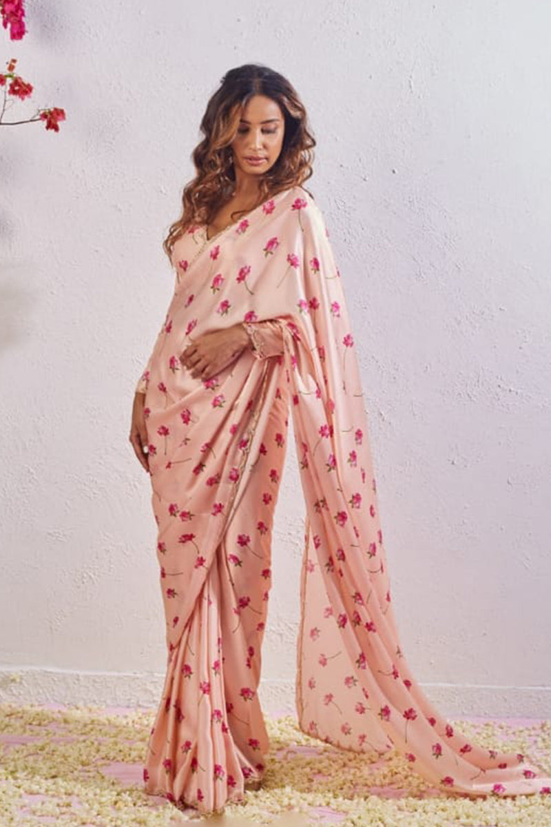 Stunning 1 Minute Ready To Wear Peach Satin Silk Saree