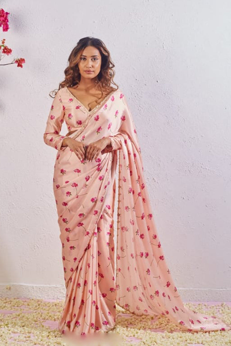 Stunning 1 Minute Ready To Wear Peach Satin Silk Saree