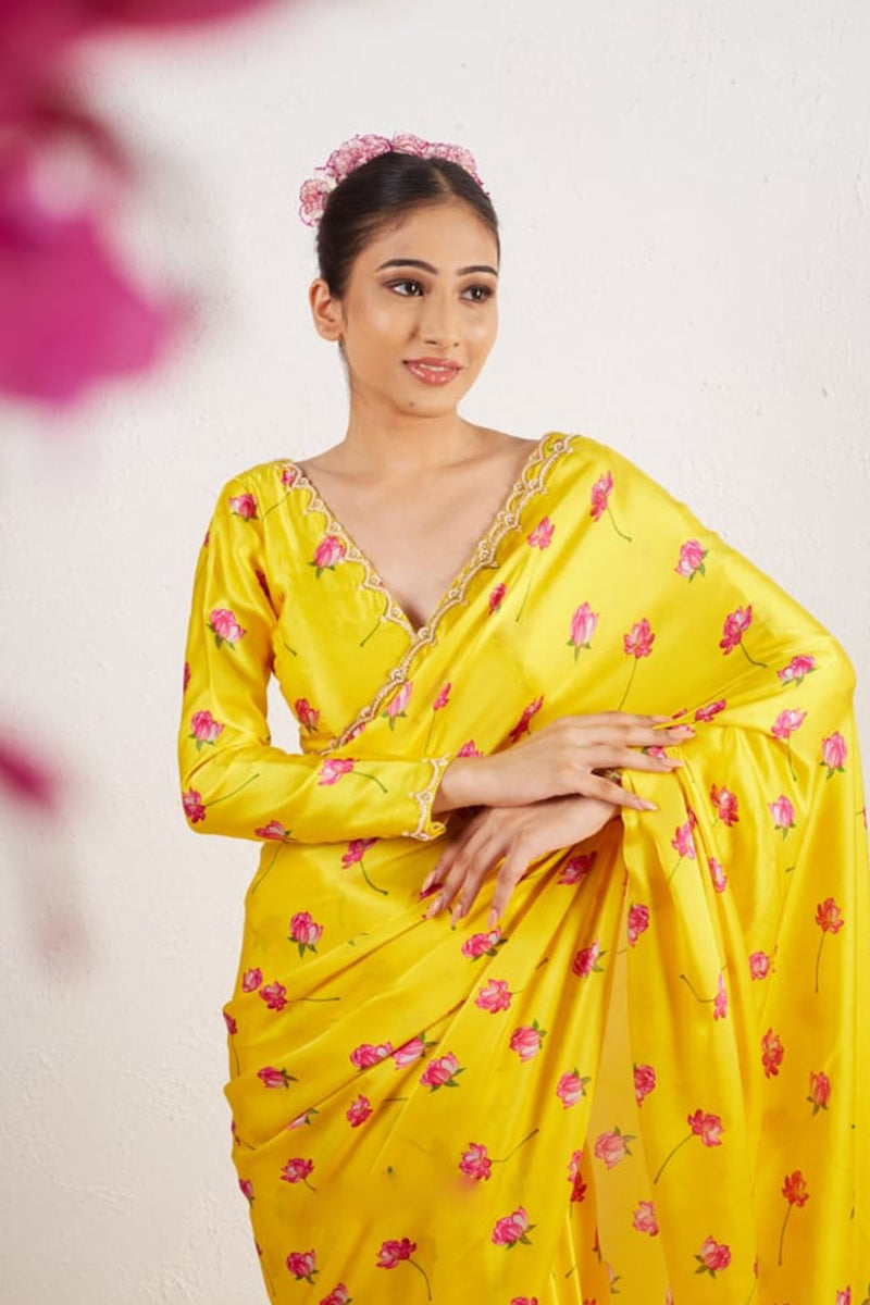 Attractive 1 Minute Ready To Wear Yellow Satin Silk Saree