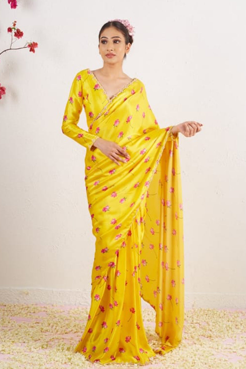 Attractive 1 Minute Ready To Wear Yellow Satin Silk Saree
