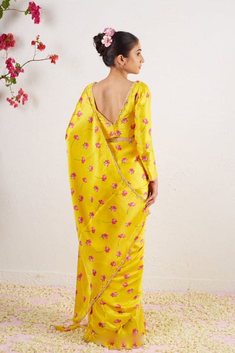 Attractive 1 Minute Ready To Wear Yellow Satin Silk Saree