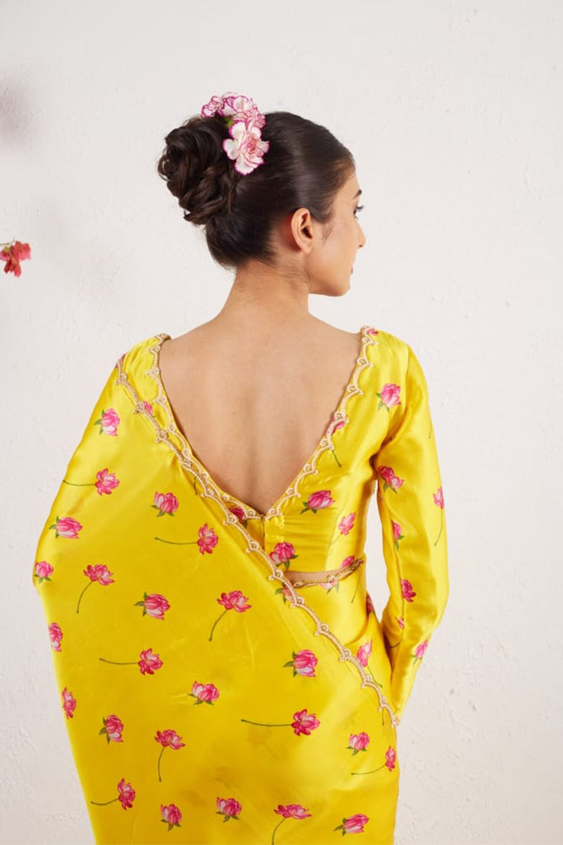 Attractive 1 Minute Ready To Wear Yellow Satin Silk Saree