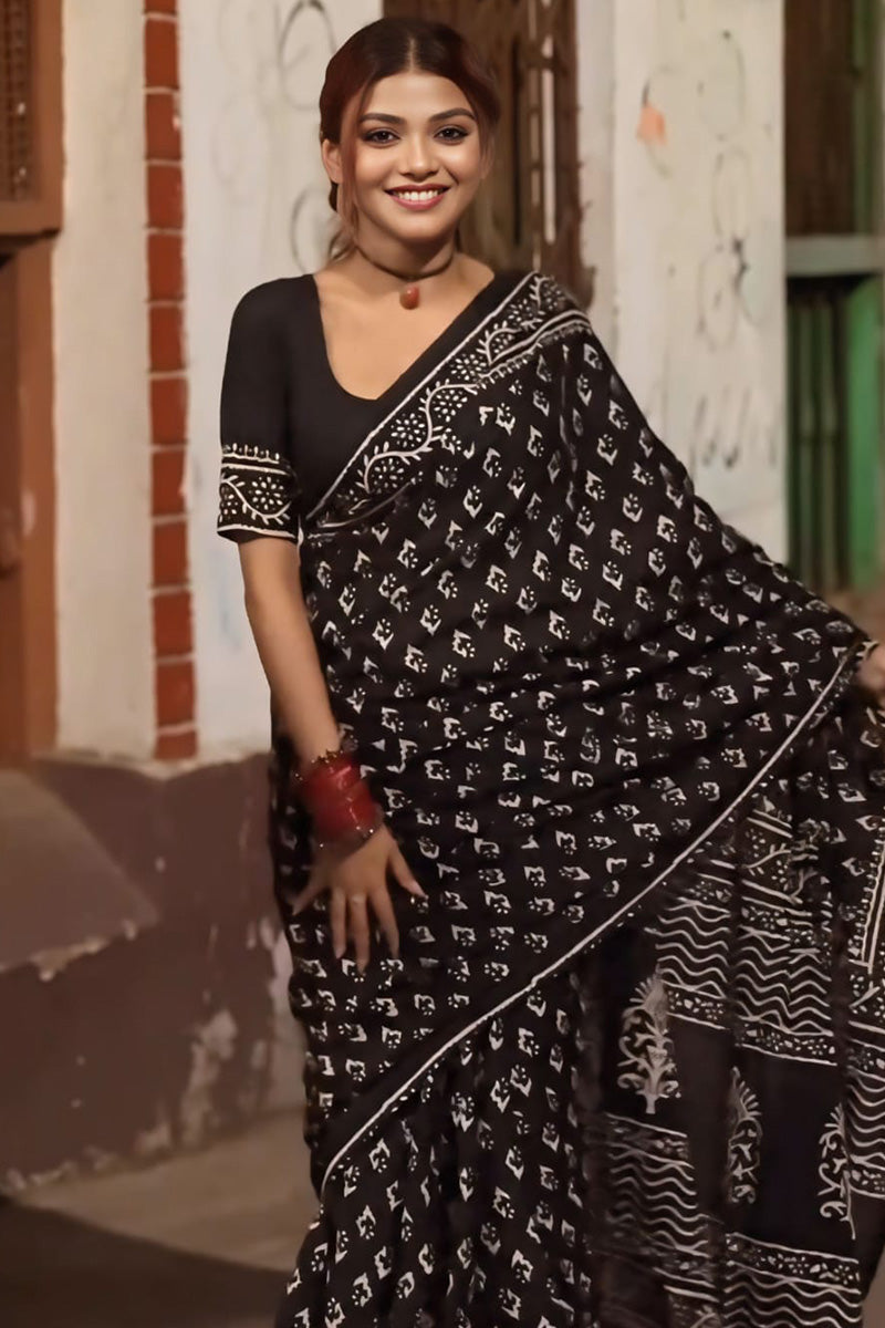 Profuse 1 Minute Ready To Wear Black Cotton Digital Printed Saree