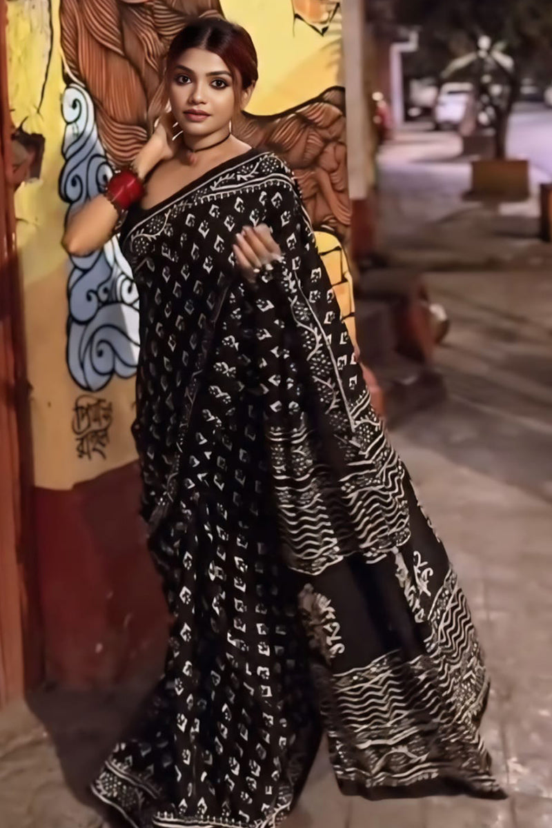 Profuse 1 Minute Ready To Wear Black Cotton Digital Printed Saree