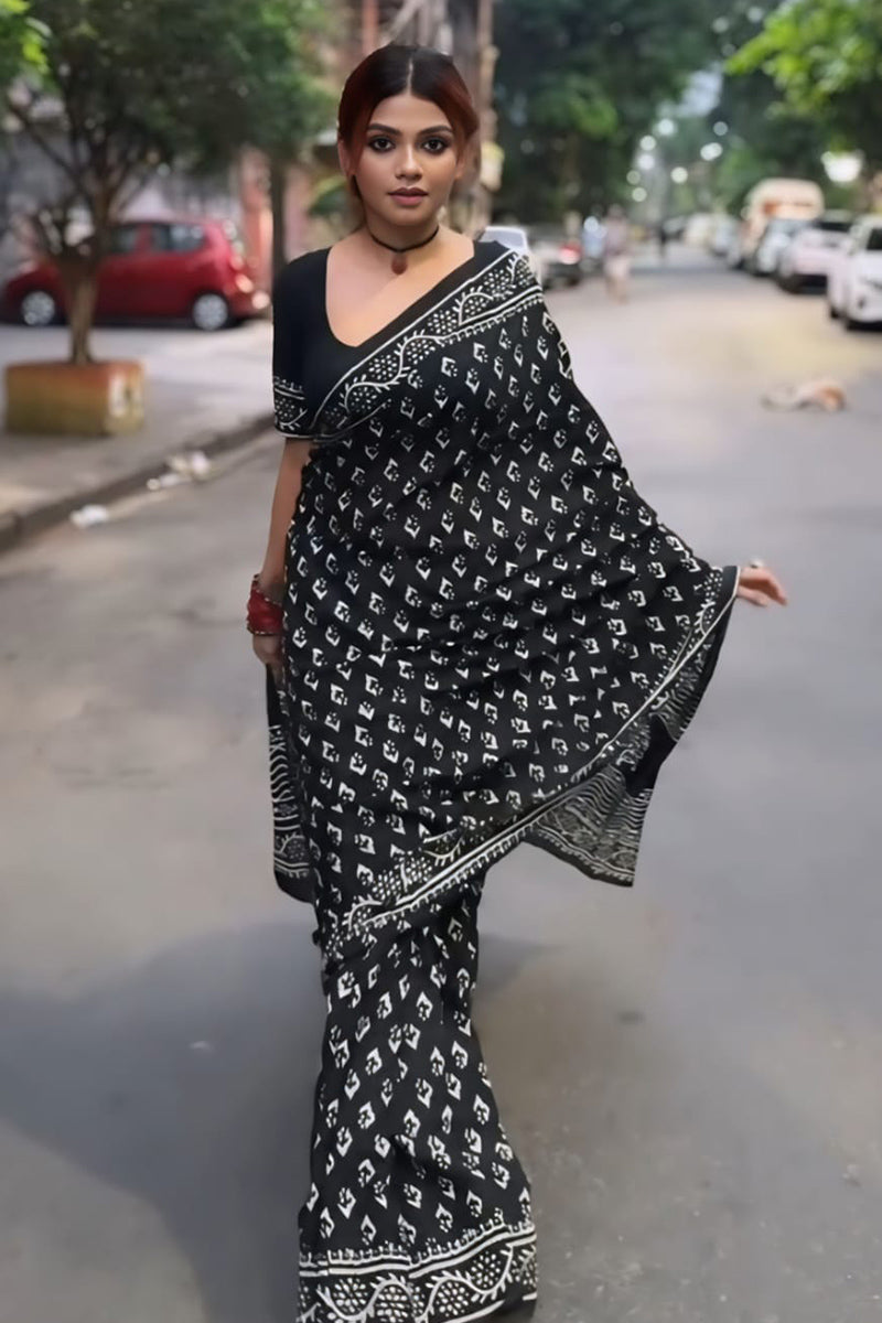 Profuse 1 Minute Ready To Wear Black Cotton Digital Printed Saree