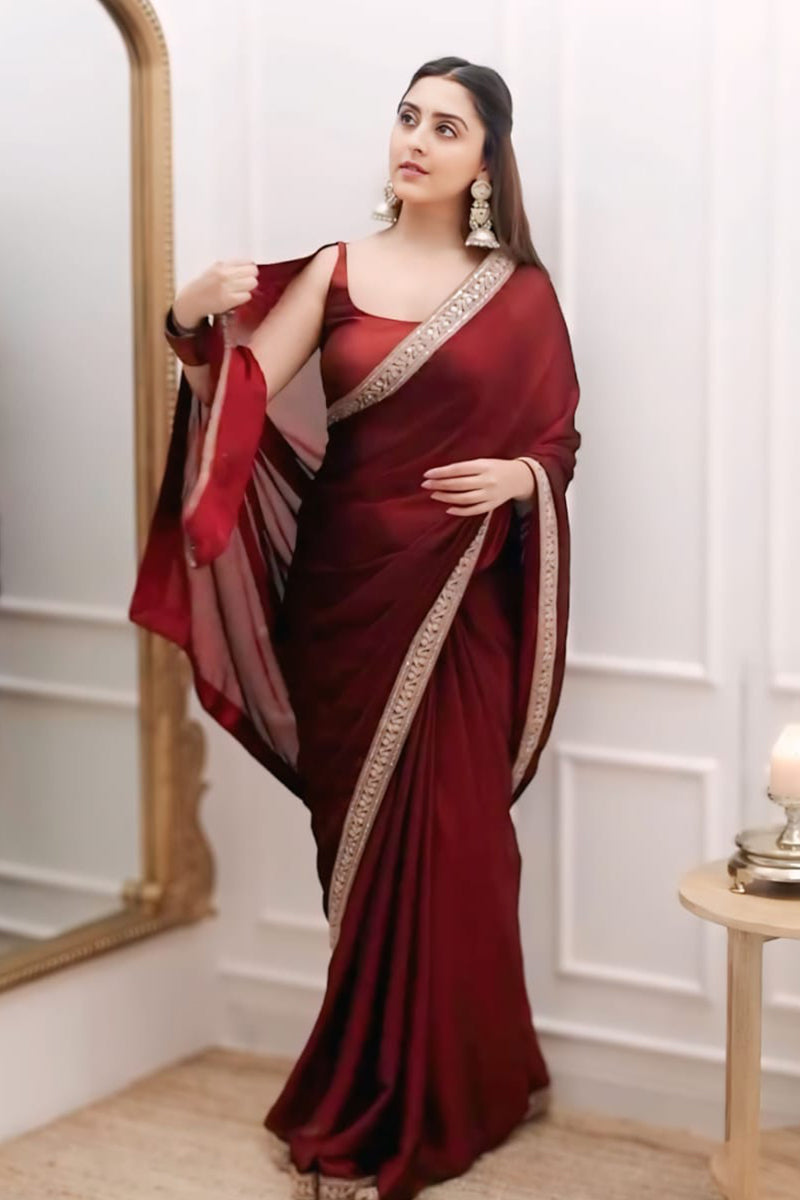 Passionate 1 Minute Ready To Wear Maroon Rangoli Silk Saree