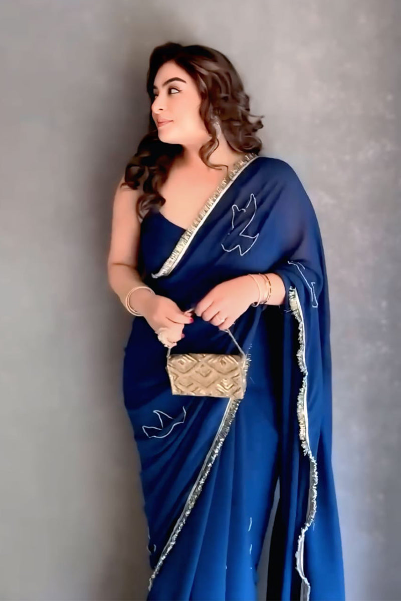 Uplifting 1 Minute Ready To Wear Royal Blue Georgette Saree