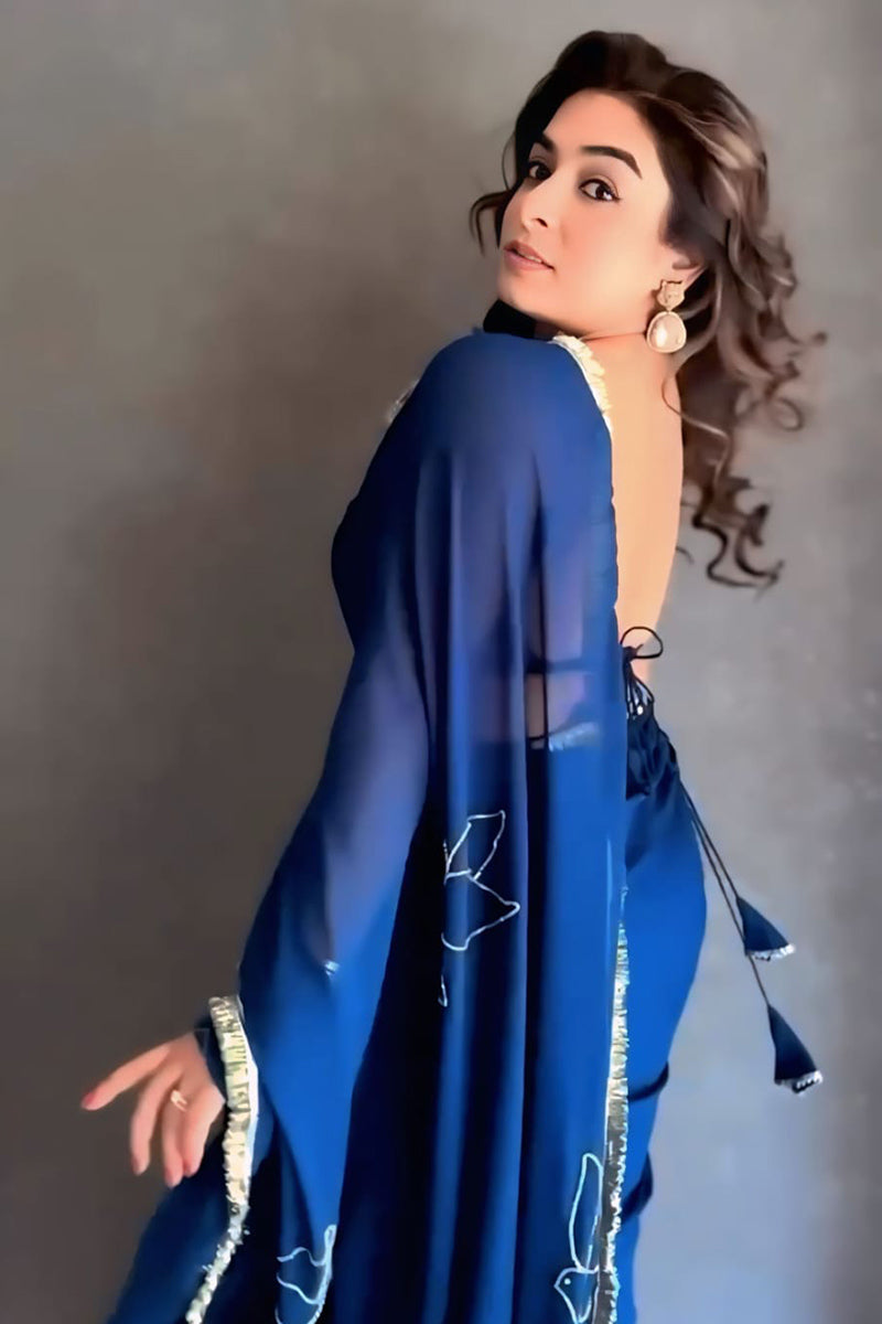 Uplifting 1 Minute Ready To Wear Royal Blue Georgette Saree