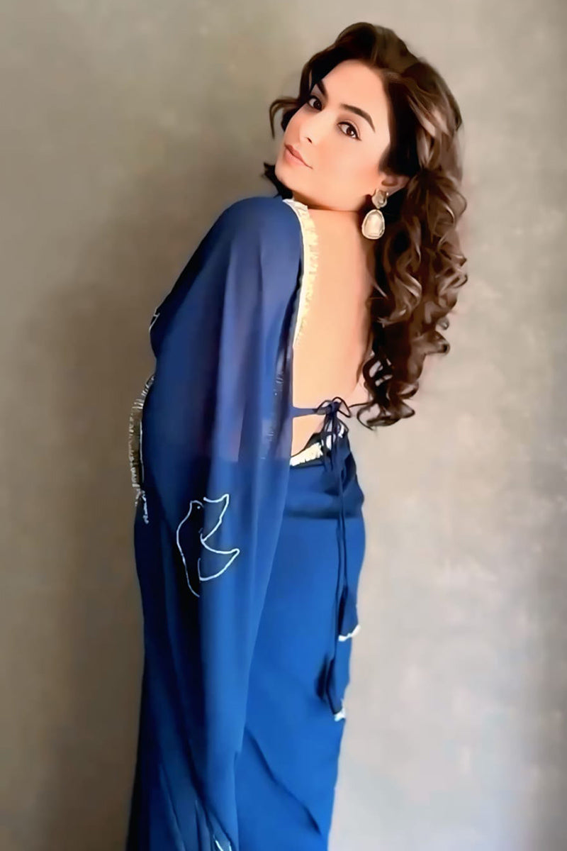 Uplifting 1 Minute Ready To Wear Royal Blue Georgette Saree