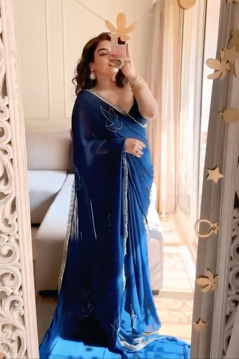 Uplifting 1 Minute Ready To Wear Royal Blue Georgette Saree