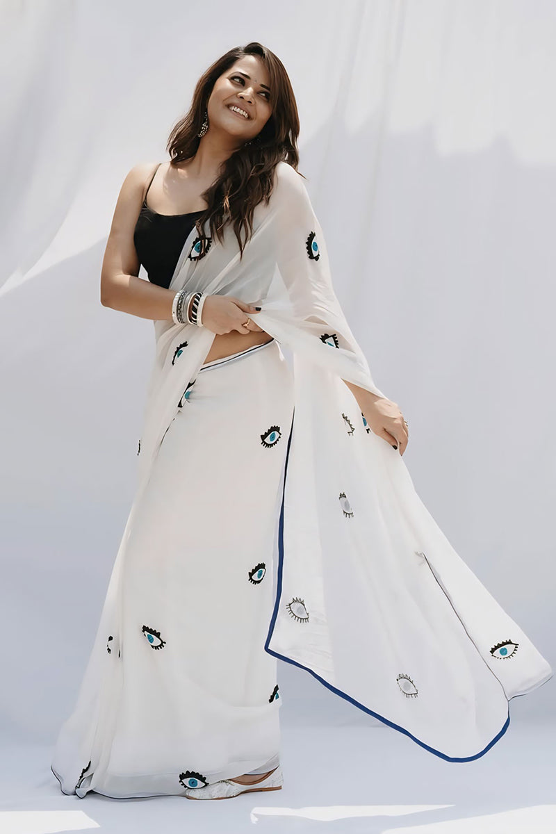 Capricious 1 Minute Ready To Wear White Georgette Saree