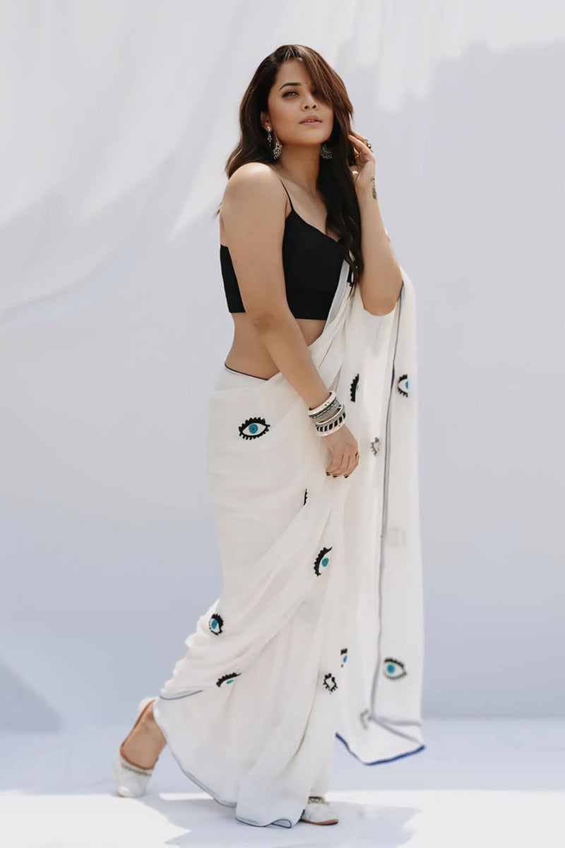 Capricious 1 Minute Ready To Wear White Georgette Saree
