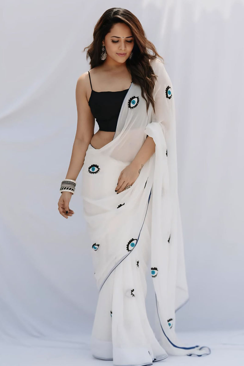 Capricious 1 Minute Ready To Wear White Georgette Saree