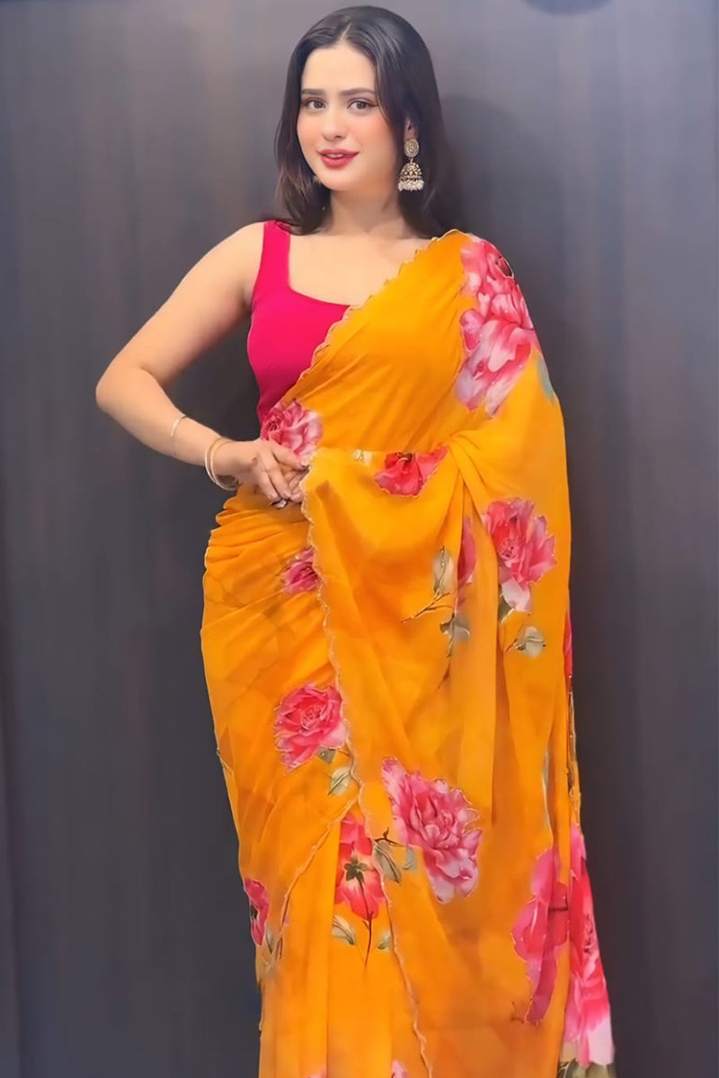 Fairytale 1 Minute Ready To Wear Yellow Georgette Saree