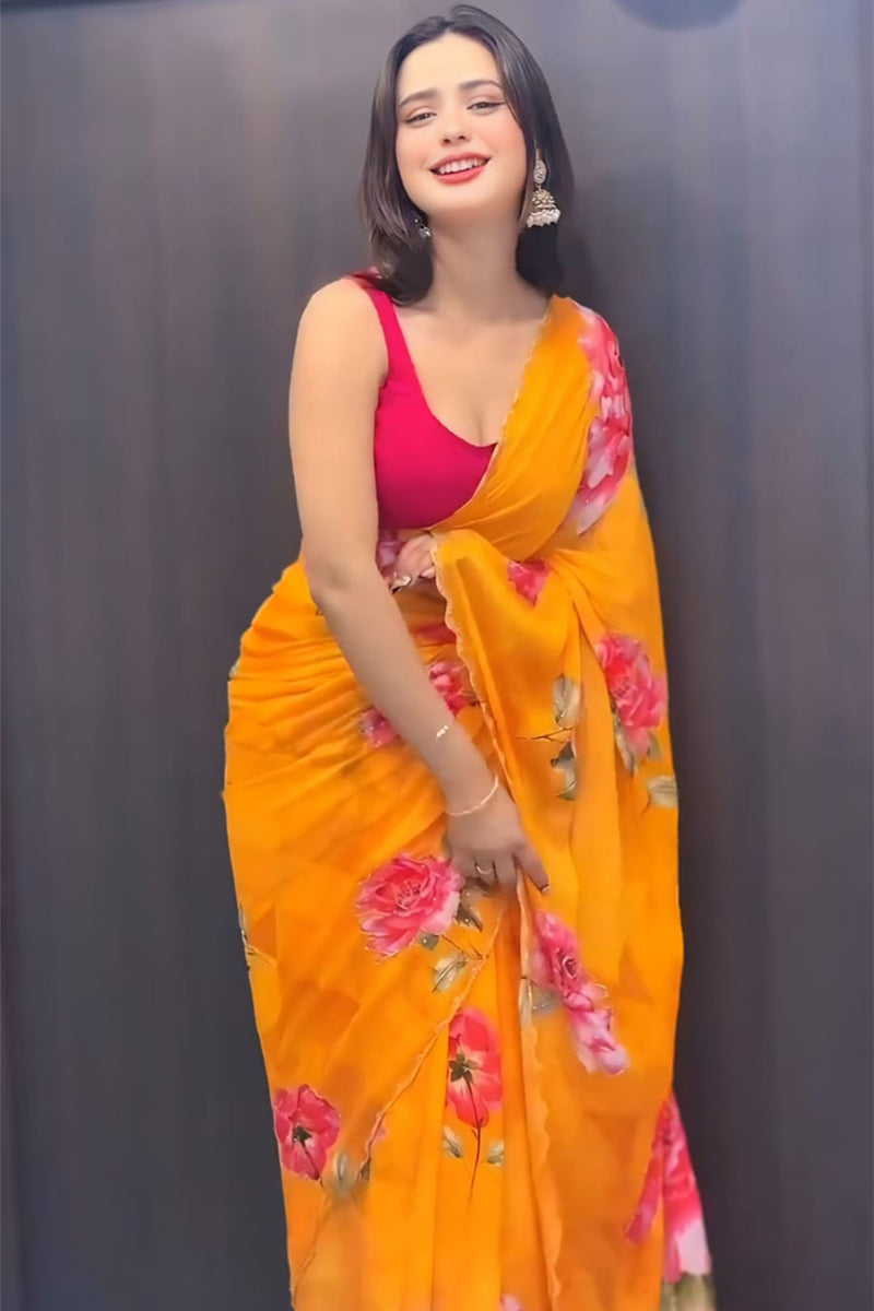Fairytale 1 Minute Ready To Wear Yellow Georgette Saree