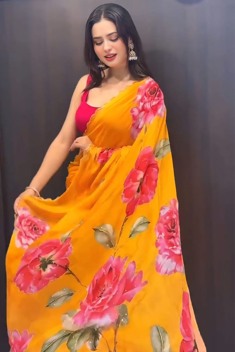 Fairytale 1 Minute Ready To Wear Yellow Georgette Saree