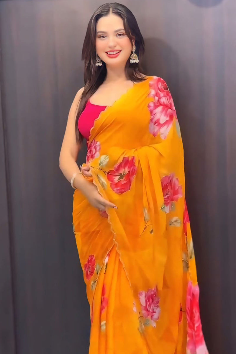 Fairytale 1 Minute Ready To Wear Yellow Georgette Saree