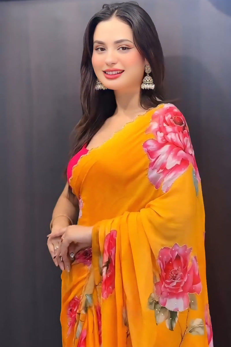 Fairytale 1 Minute Ready To Wear Yellow Georgette Saree