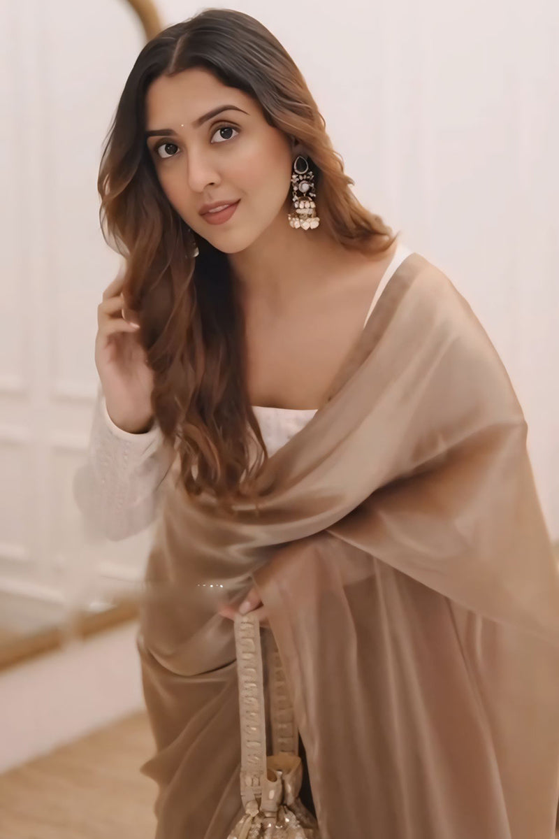 Girlish Brown Fancy Fandy Silk Two Tone Saree With Stitched Blouse Piece
