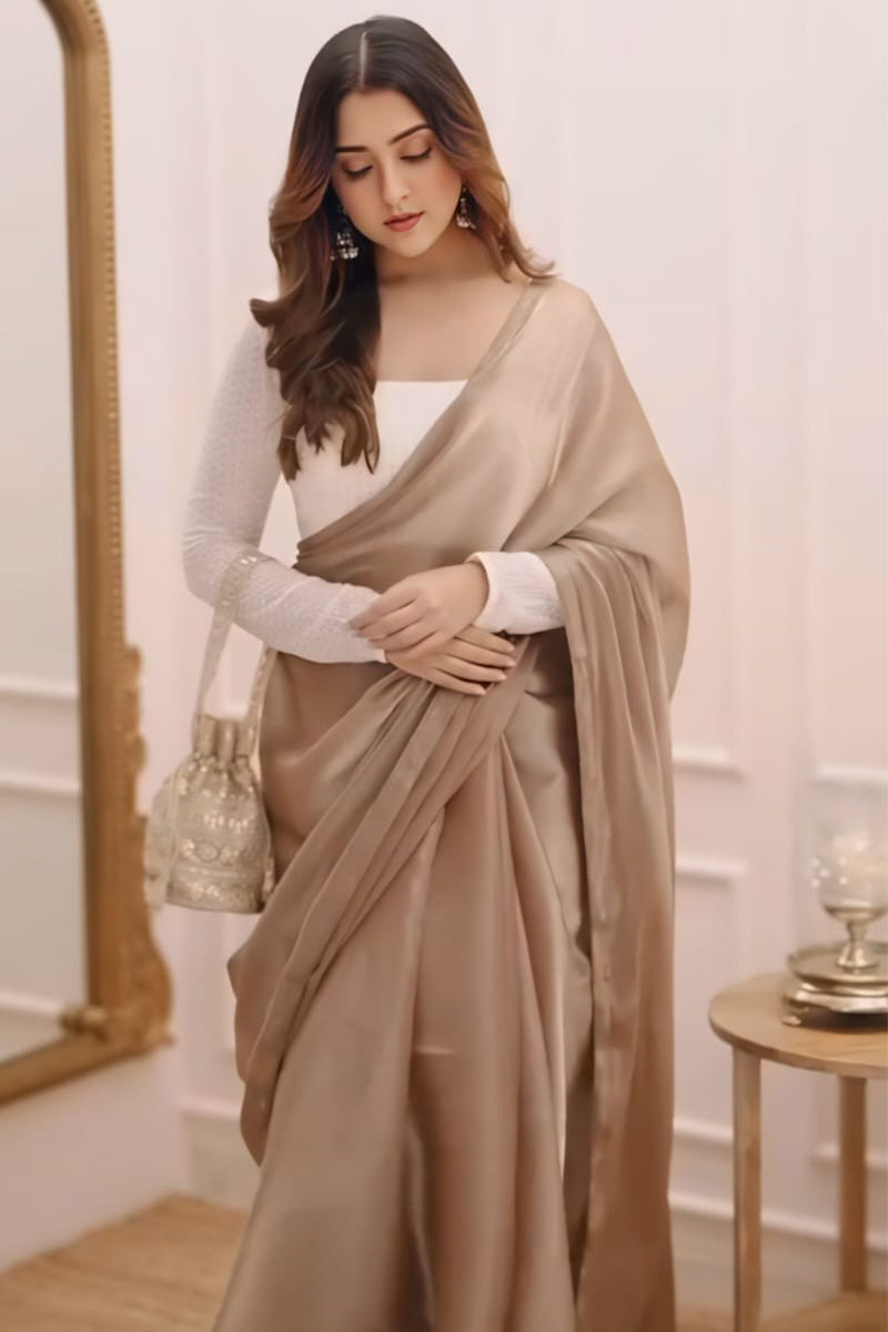 Girlish Brown Fancy Fandy Silk Two Tone Saree With Stitched Blouse Piece