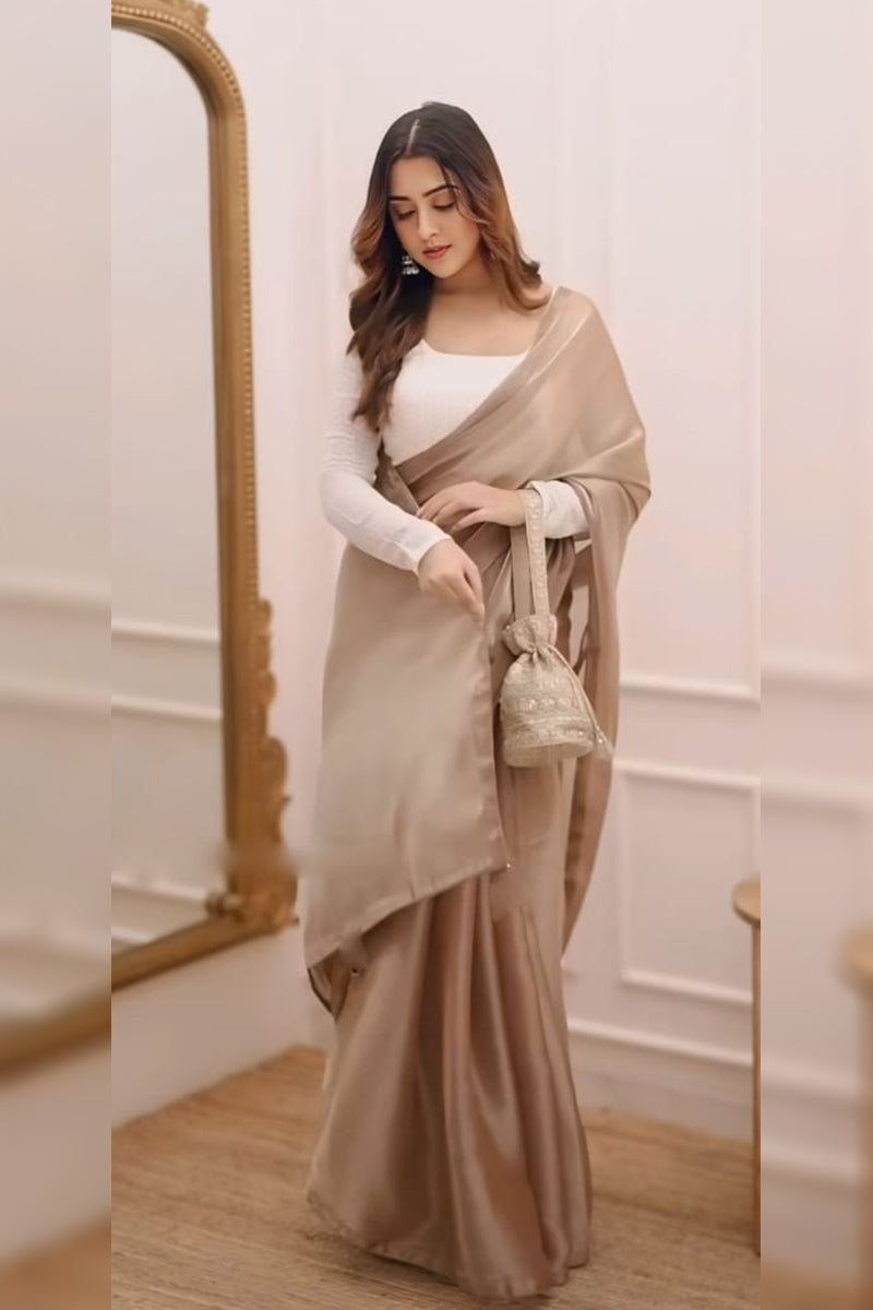 Girlish Brown Fancy Fandy Silk Two Tone Saree With Stitched Blouse Piece