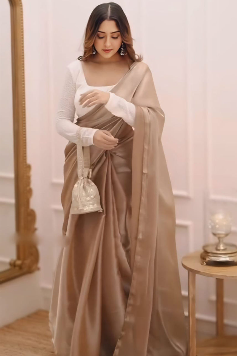 Girlish Brown Fancy Fandy Silk Two Tone Saree With Stitched Blouse Piece