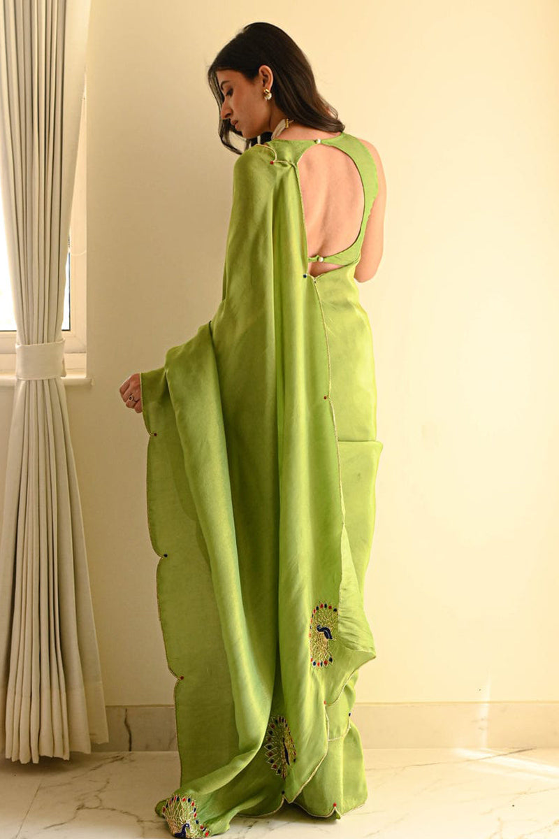 Ideal Green 1 Minute Ready To Wear Malai Satin Silk Saree