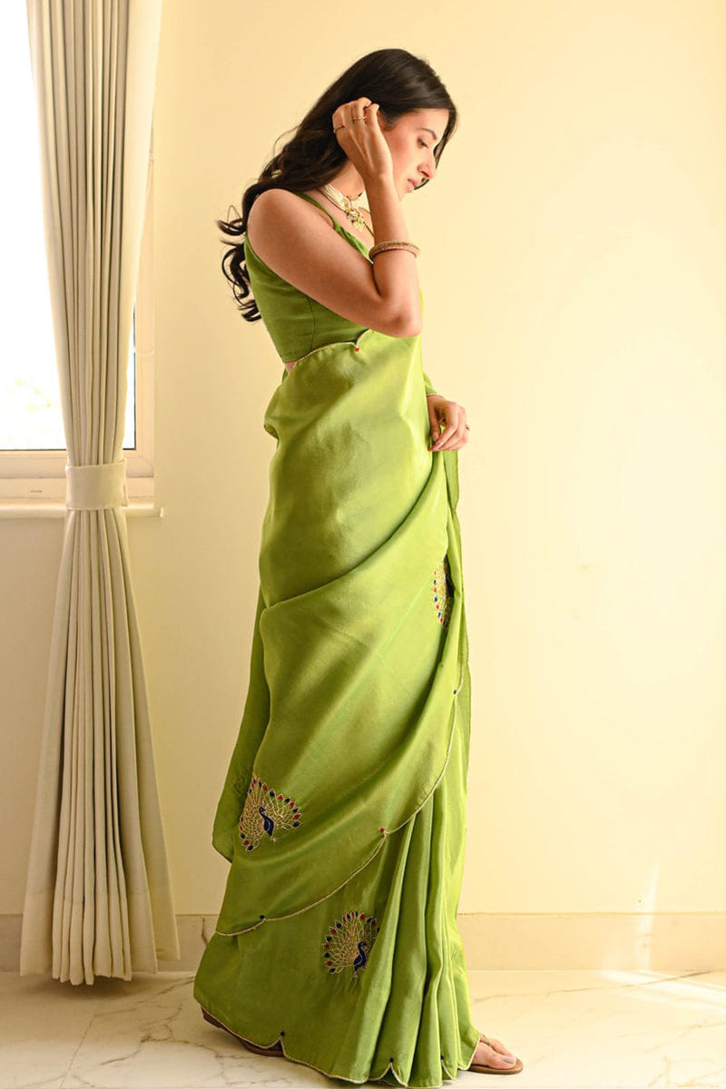 Ideal Green 1 Minute Ready To Wear Malai Satin Silk Saree