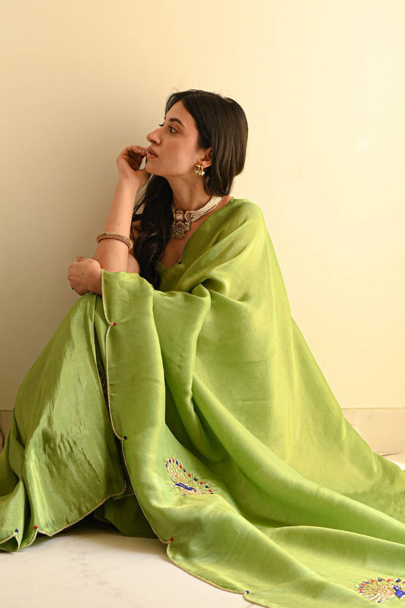 Ideal Green 1 Minute Ready To Wear Malai Satin Silk Saree