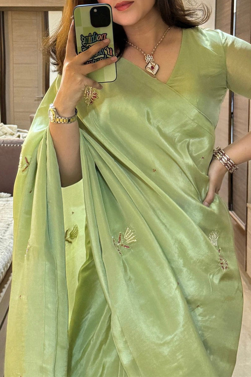 Lagniappe Pista Green 1 Minute Ready To Wear Malai Satin Silk Saree