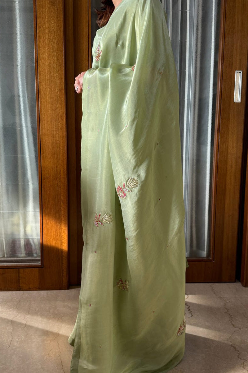 Lagniappe Pista Green 1 Minute Ready To Wear Malai Satin Silk Saree