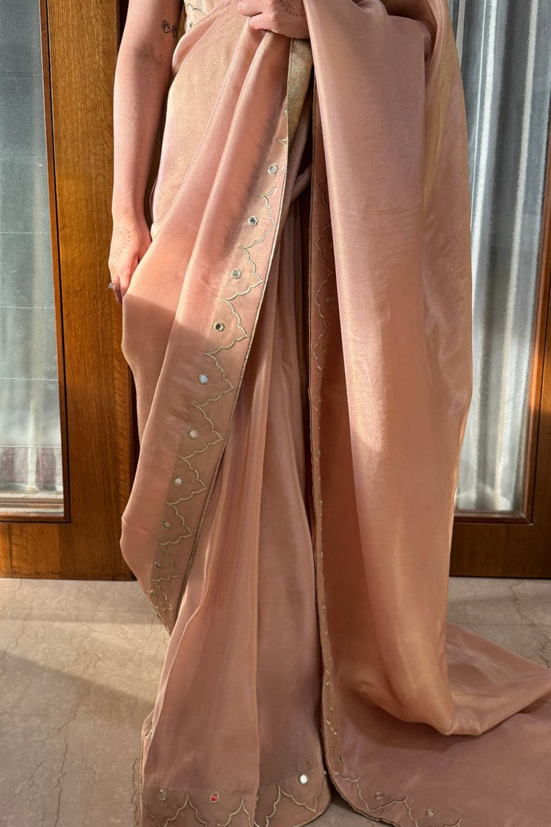 Radiant Peach 1 Minute Ready To Wear Malai Satin Silk Saree