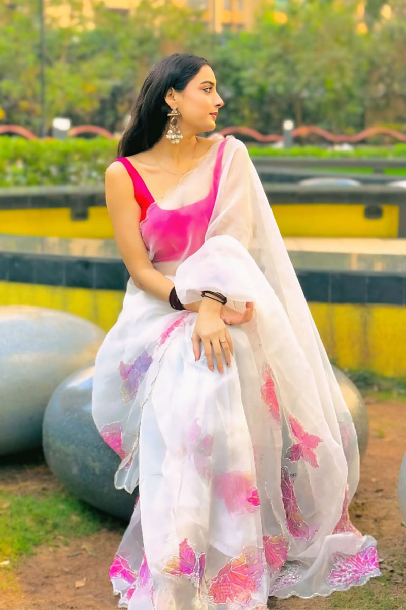 A glam 1 Minute Ready To Wear White Organza Saree