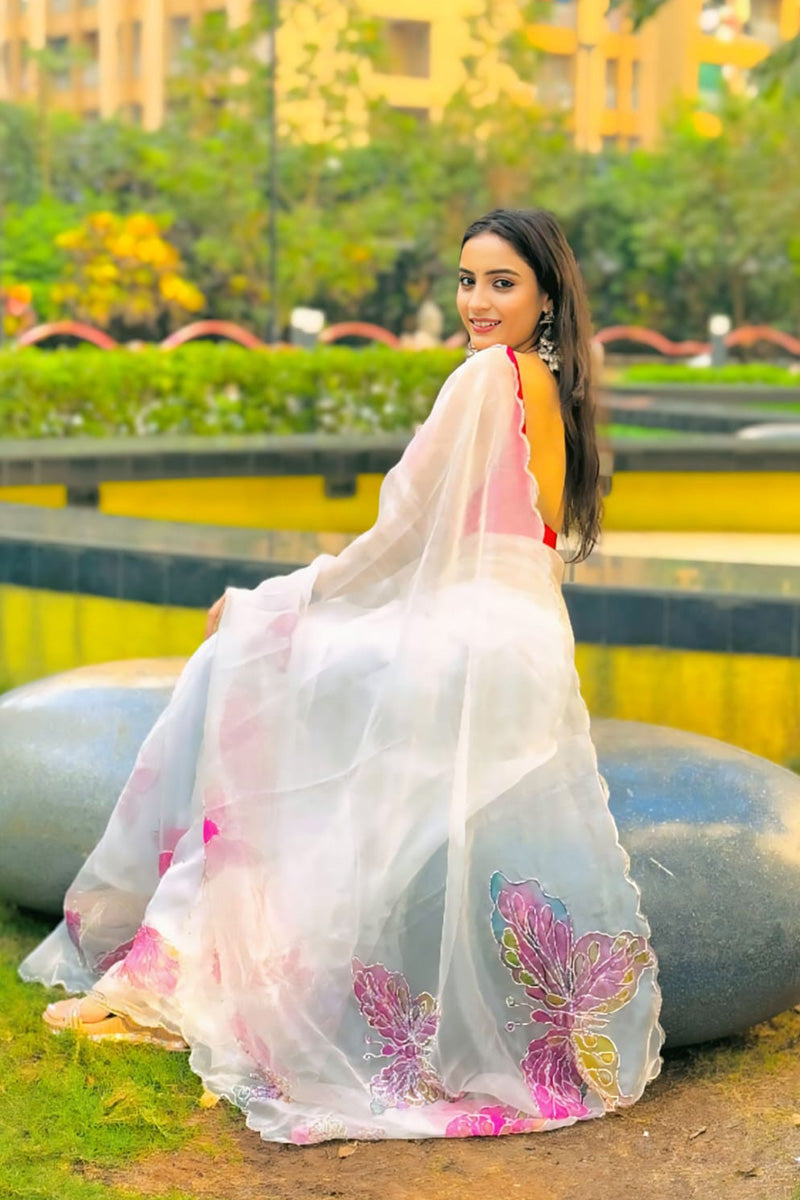 A glam 1 Minute Ready To Wear White Organza Saree